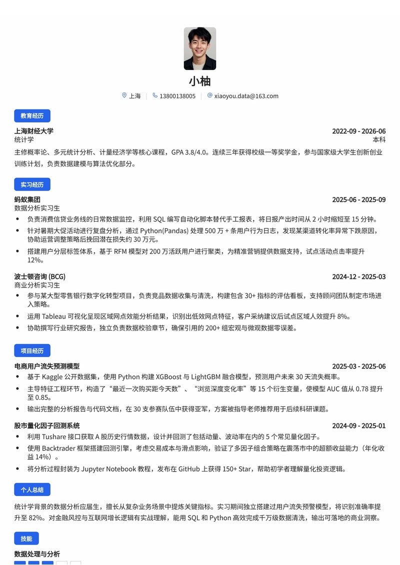 数据分析师简历模板(金融/咨询/互联网校招)简历模板预览