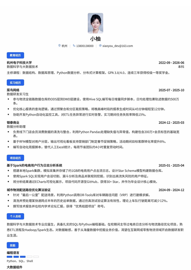 数据研发/分析师简历模板(互联网/零售/物流校招)简历模板预览