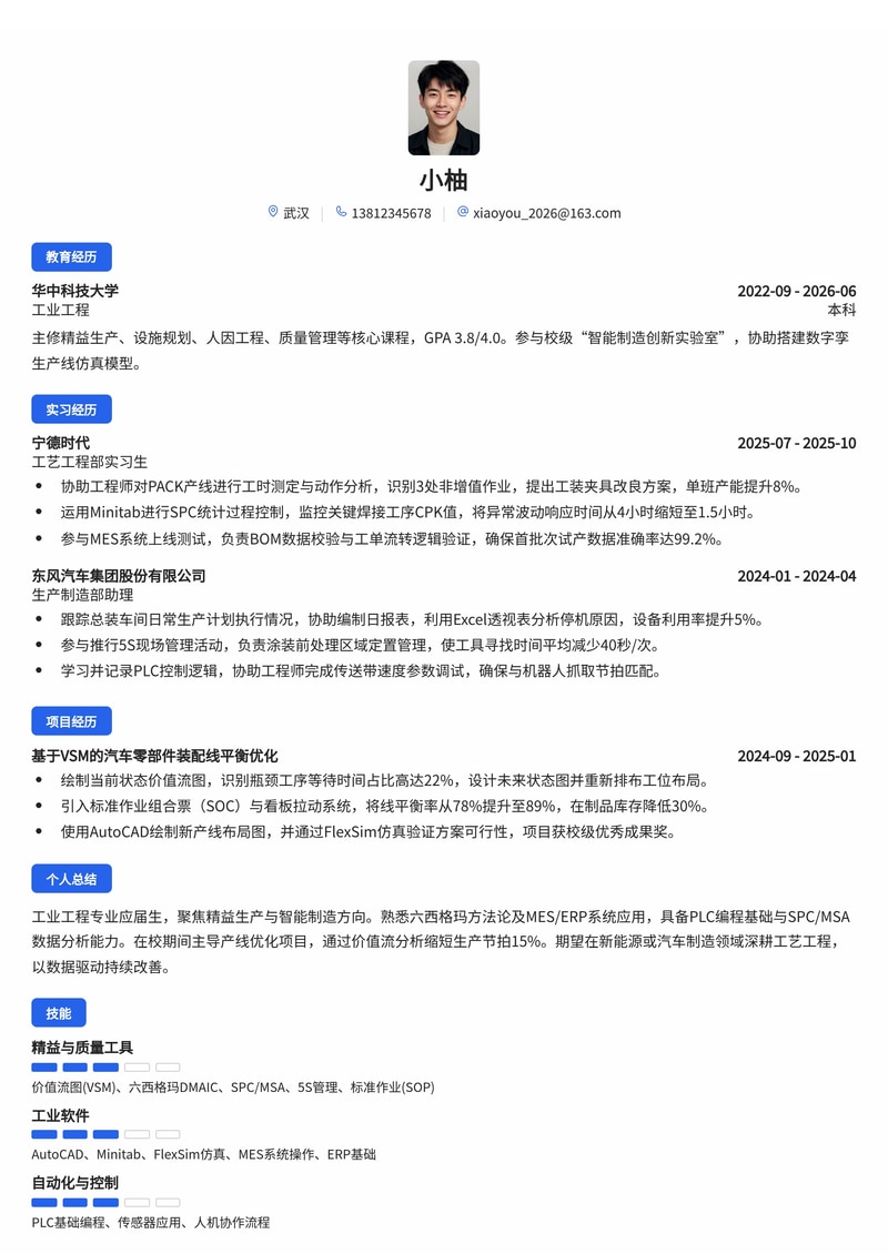 工业/工艺工程师(精益生产)简历模板(制造业/新能源/汽车校招)简历模板预览