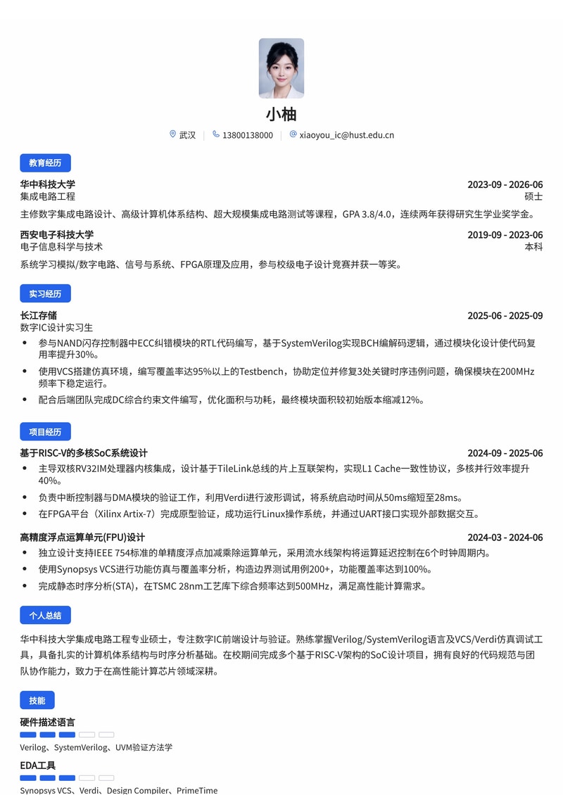 数字IC设计/验证工程师简历模板(电子/半导体/人工智能校招)简历模板预览
