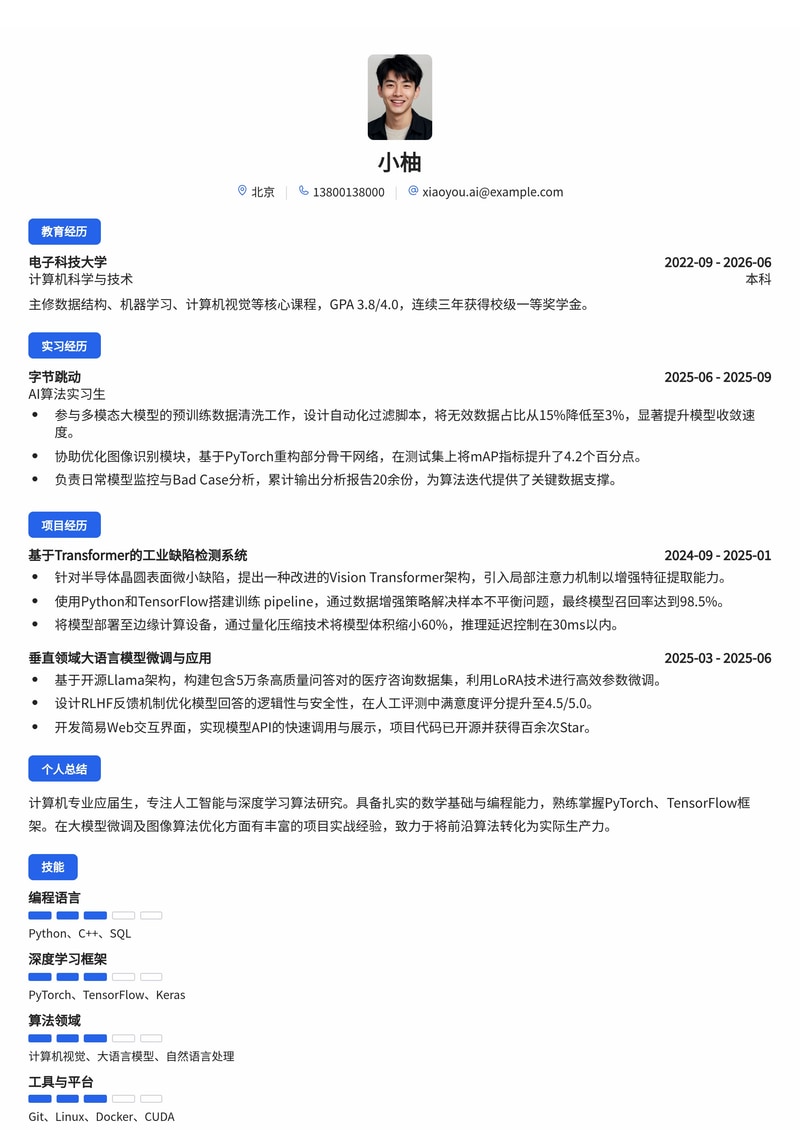 AI算法工程师简历模板（人工智能/互联网/电子半导体校招）简历模板预览