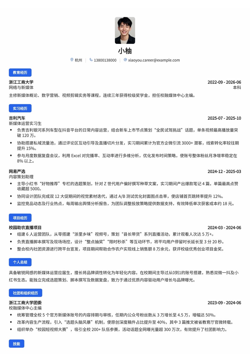 新媒体运营简历模板(互联网/电商/汽车校招)简历模板预览