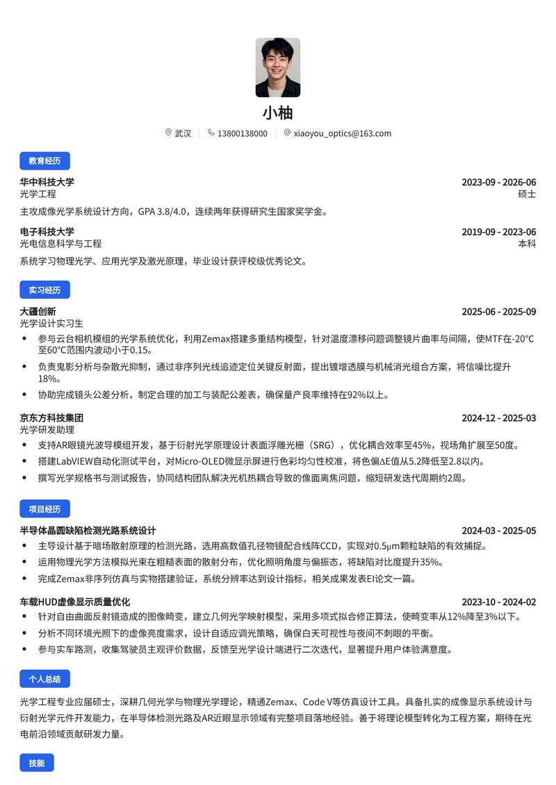 光学研发工程师简历模板（电子/半导体/光电校招）简历模板预览