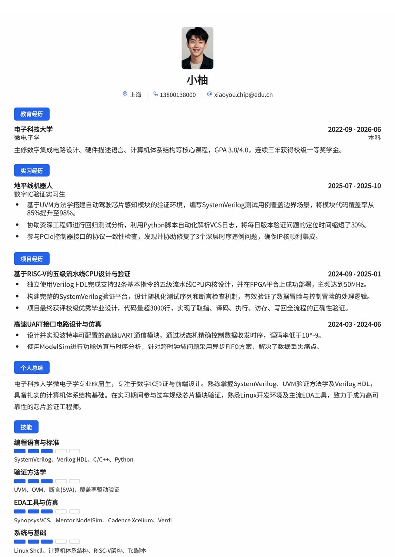 芯片验证/IC设计工程师简历模板(电子/半导体校招)简历模板预览