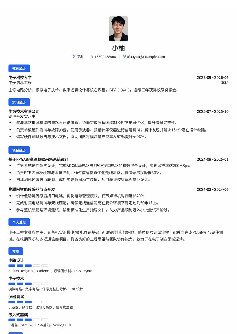 硬件开发工程师简历模板(通信/电子制造校招)简历模板预览