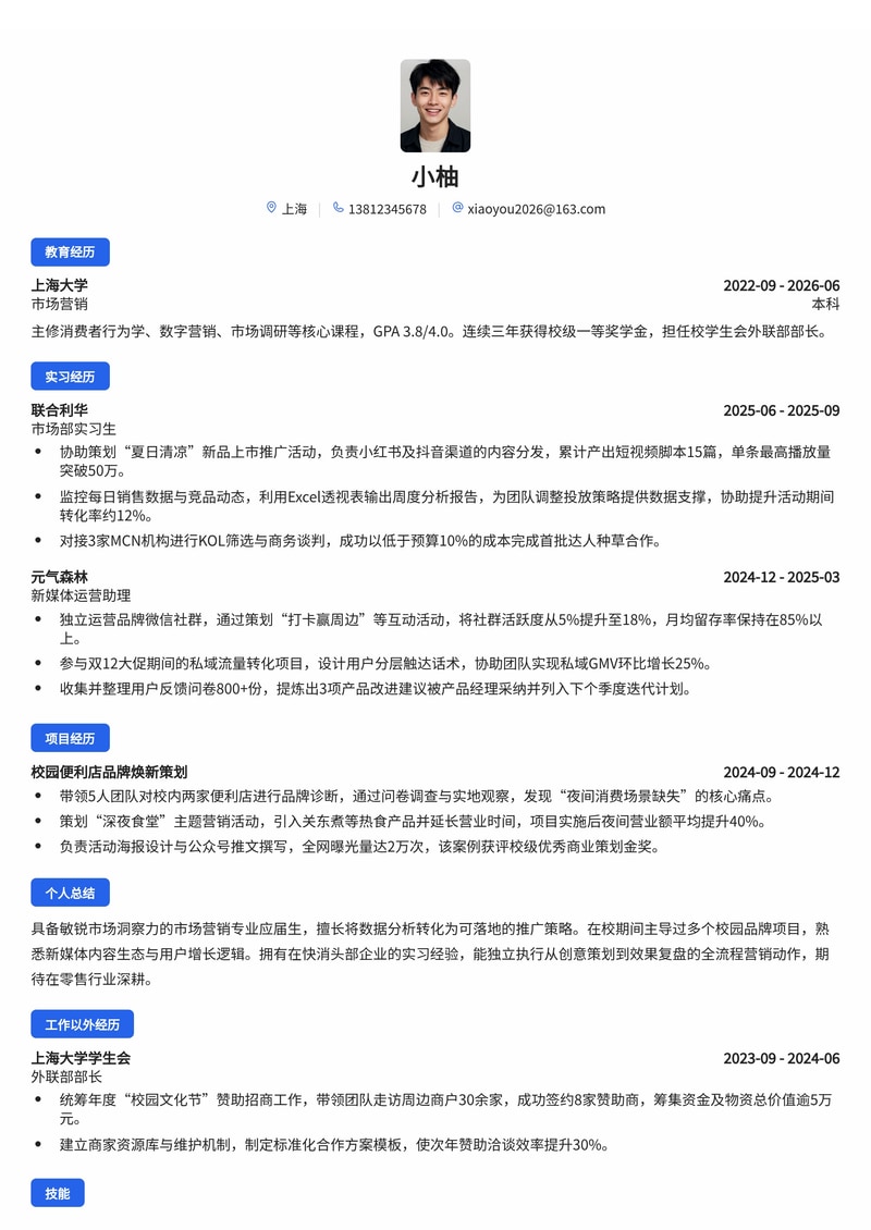 市场营销管培生简历模板(消费品/零售校招)简历模板预览