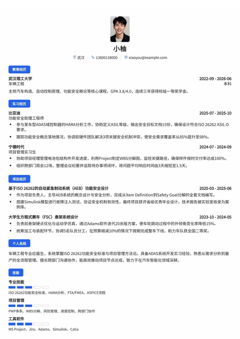 功能安全/项目管理工程师简历模板(汽车/高端制造校招)简历模板预览