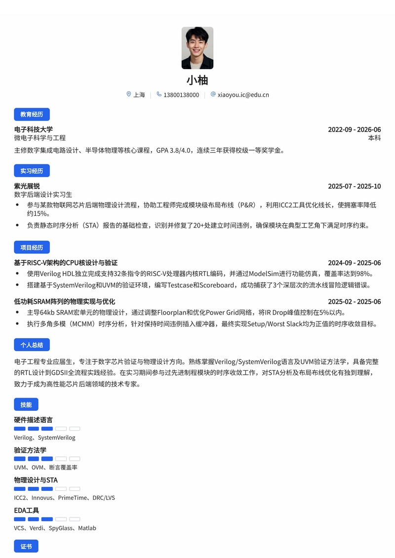 芯片验证/物理设计工程师简历模板(电子/半导体校招)简历模板预览