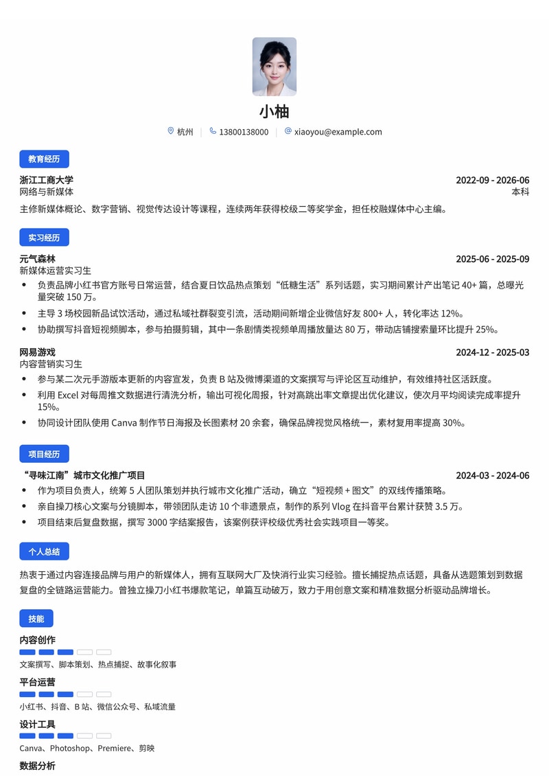 新媒体运营/品牌内容简历模板(互联网/快消校招)简历模板预览