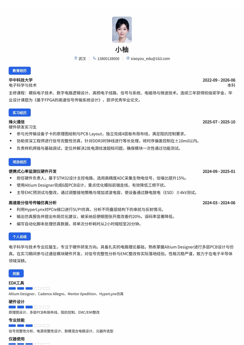 硬件研发工程师简历模板（电子半导体/通信校招）简历模板预览
