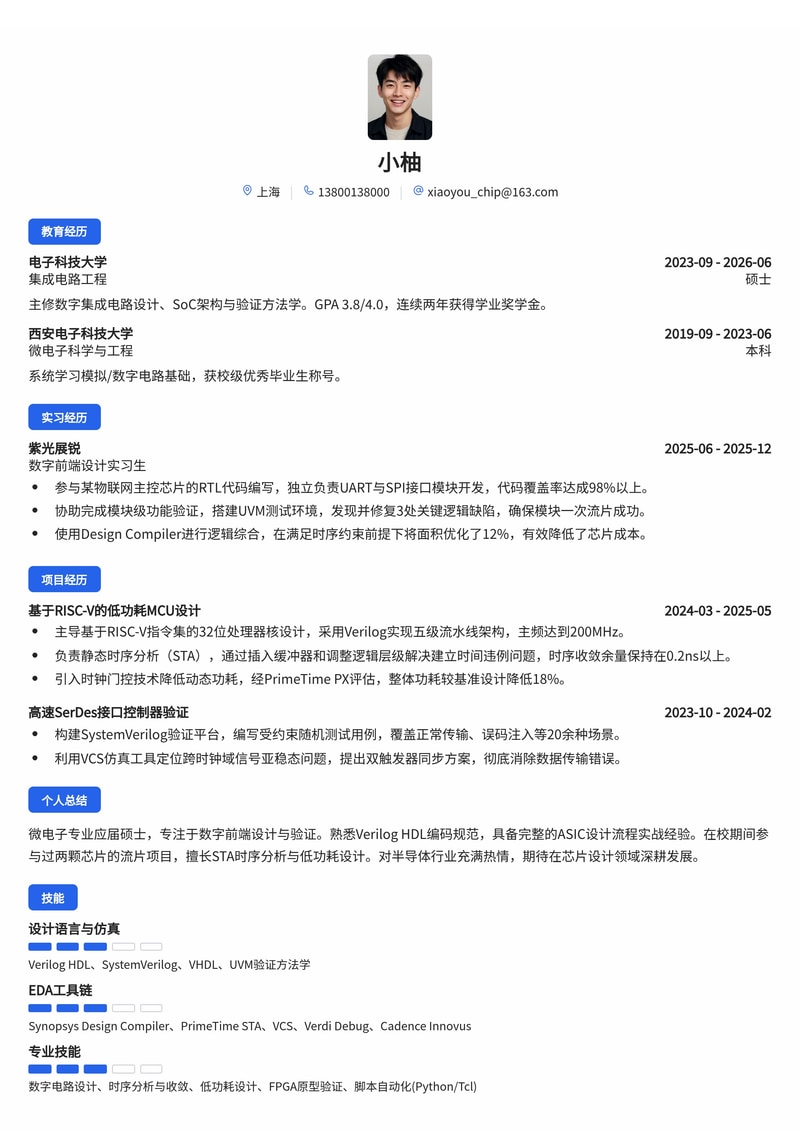 芯片设计工程师简历模板(电子/半导体校招)简历模板预览