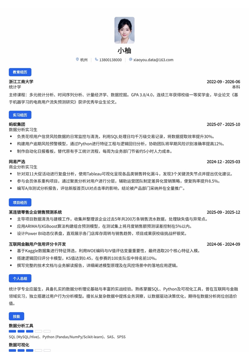 数据分析师简历模板(互联网/金融/零售校招)简历模板预览