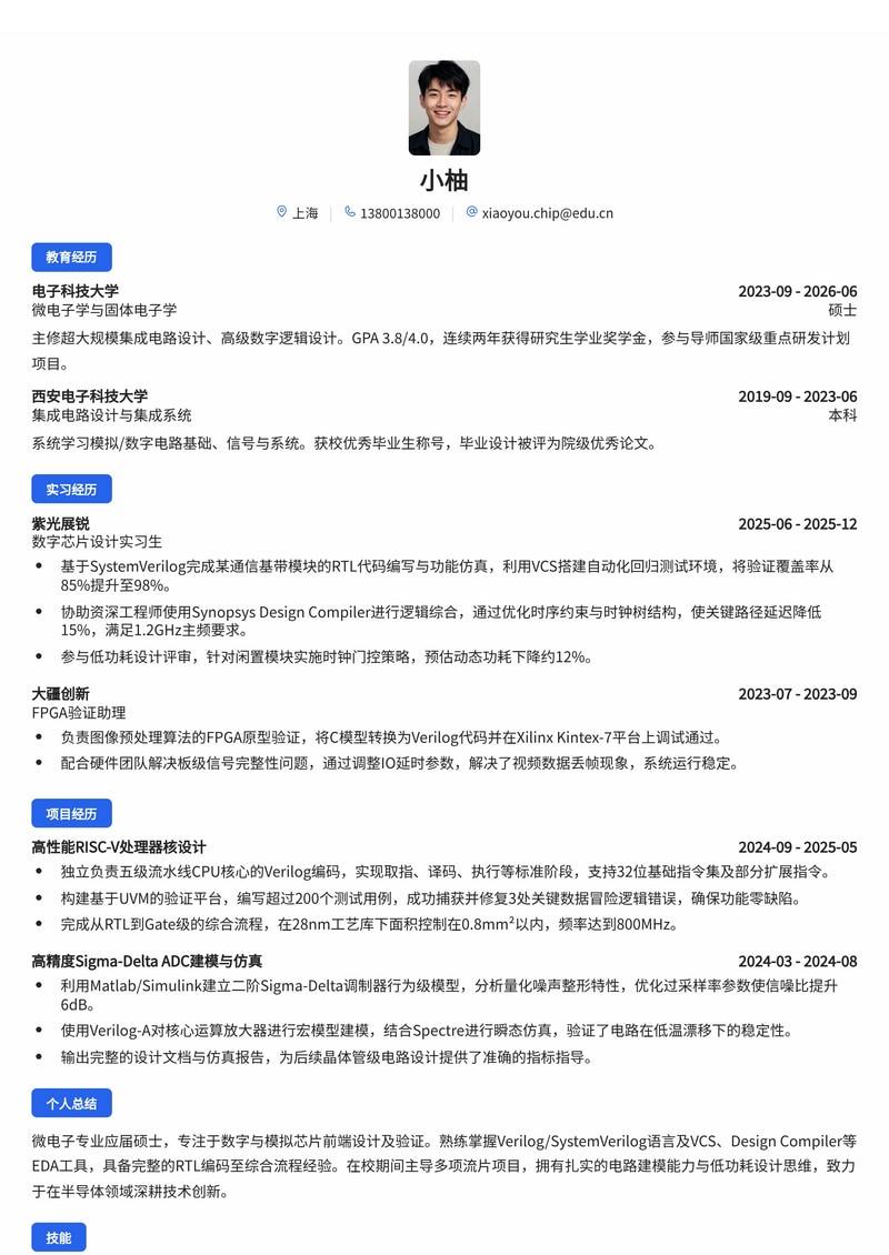 数字/模拟芯片设计工程师简历模板(电子/半导体校招)简历模板预览