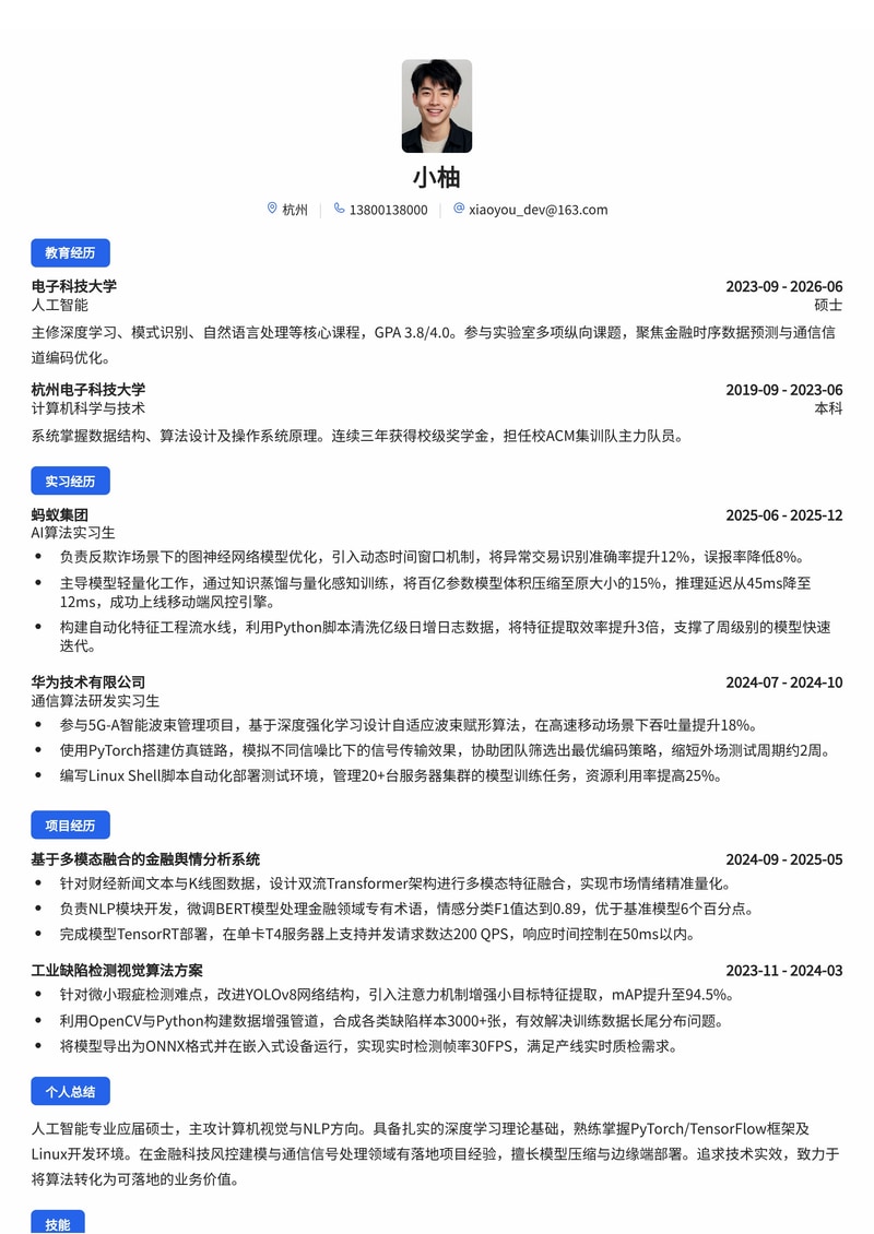 AI算法工程师校招简历模板(人工智能/金融科技/通信)简历模板预览