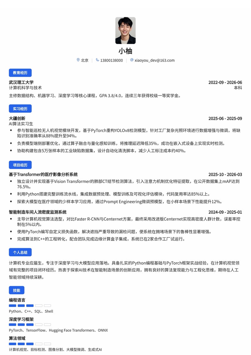 AI算法工程师简历模板(人工智能/互联网/智能制造校招)简历模板预览