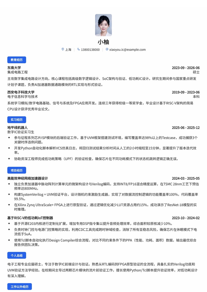 数字 IC 设计/验证工程师简历模板(电子/半导体/芯片校招)简历模板预览