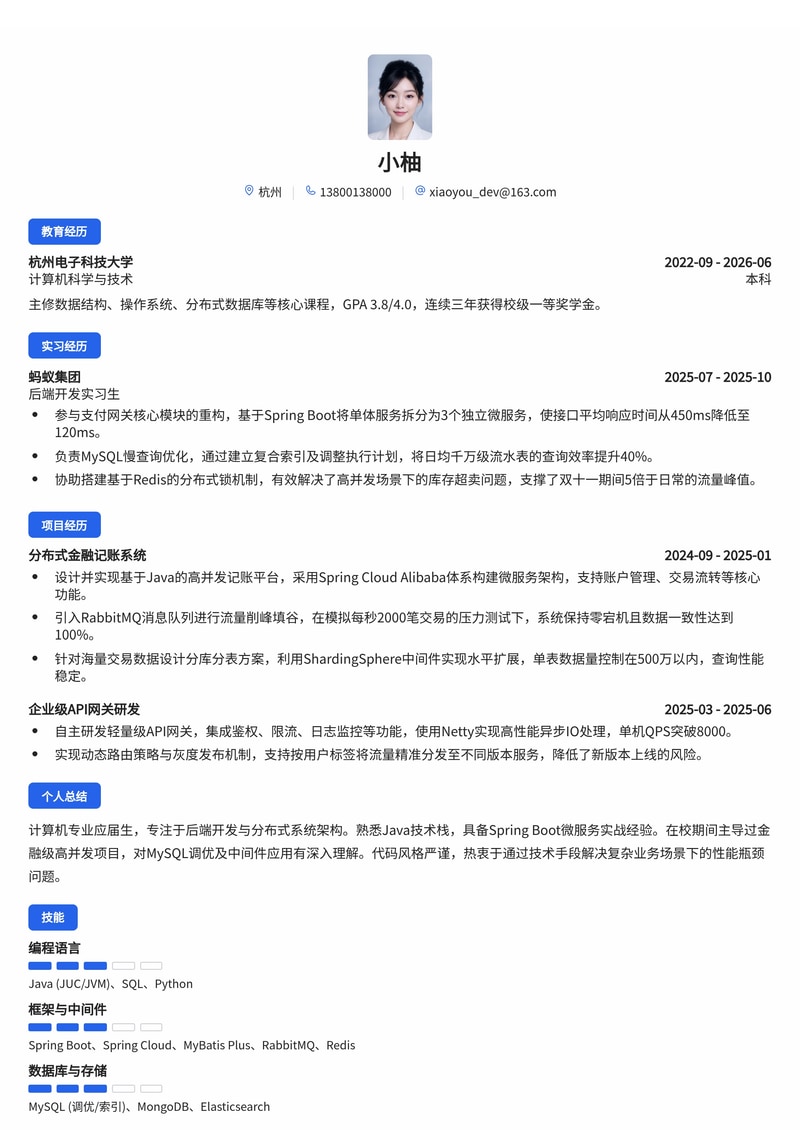 后端开发工程师简历模板（互联网/金融科技校招）简历模板预览