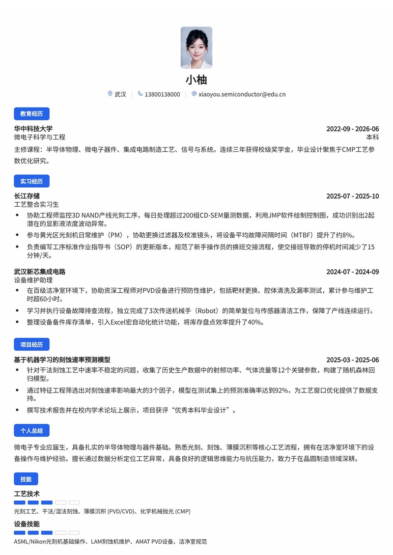 半导体工艺/设备工程师简历模板（电子/半导体制造校招）简历模板预览