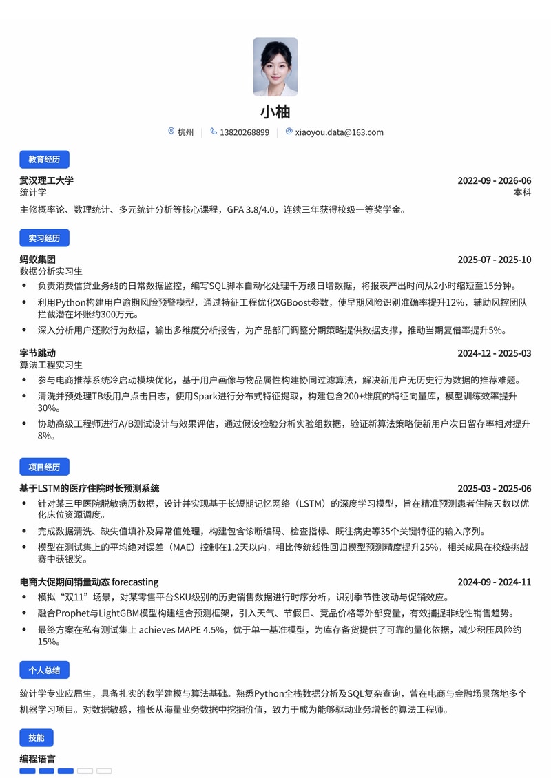 数据分析师/算法工程师校招简历模板（电商金融医疗）简历模板预览