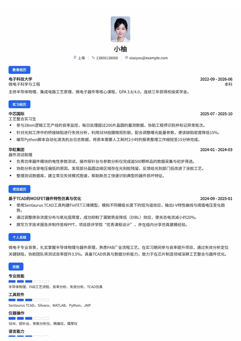 半导体工艺/器件工程师简历模板(集成电路/芯片制造校招)简历模板预览