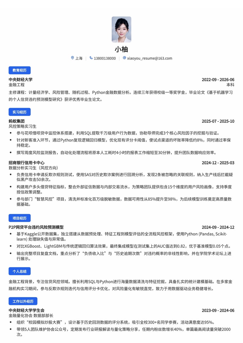 风控策略分析师简历模板(金融信贷校招版)简历模板预览