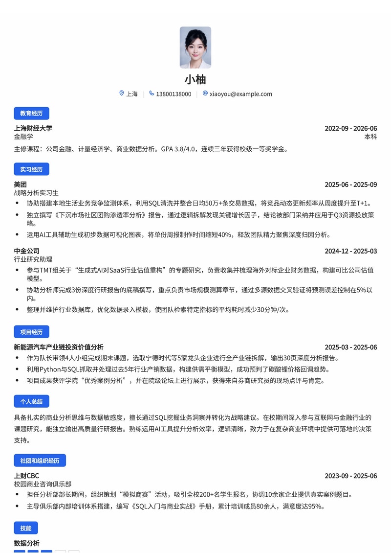 商业/战略分析师简历模板（金融/互联网校招）简历模板预览