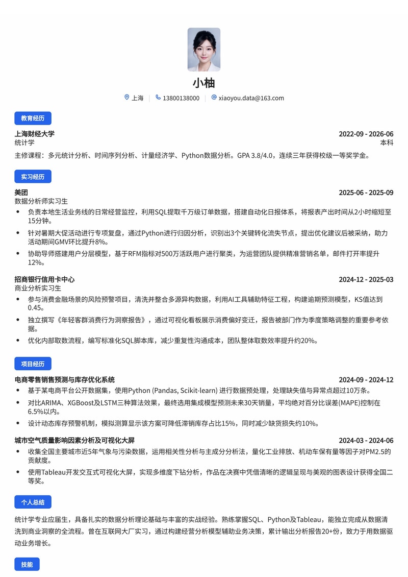 数据分析师简历模板（互联网/金融/消费品校招）简历模板预览