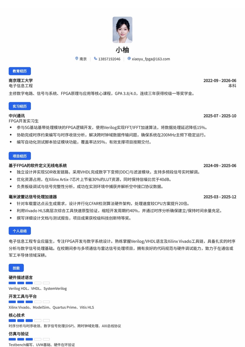 FPGA开发工程师简历模板（通信/军工/半导体校招）简历模板预览