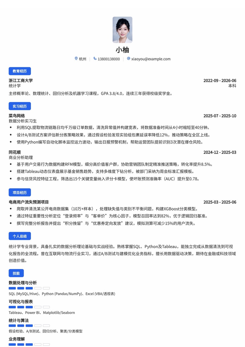 数据分析师简历模板(互联网/物流/金融校招)简历模板预览
