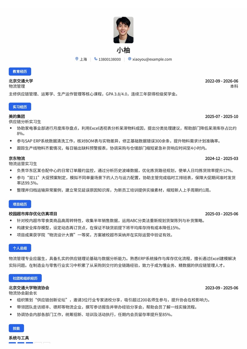 供应链管培生简历模板(物流/制造业/零售校招)简历模板预览