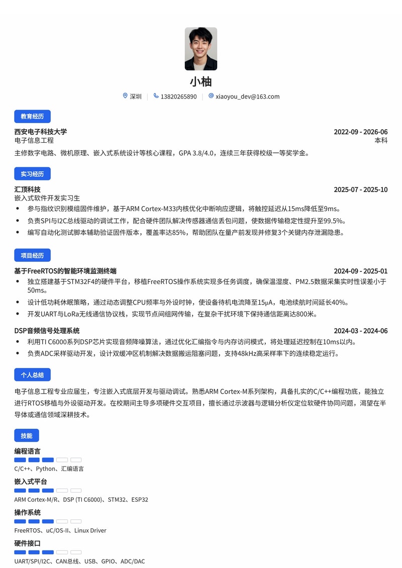 嵌入式软件工程师简历模板（电子/半导体/通信校招）简历模板预览