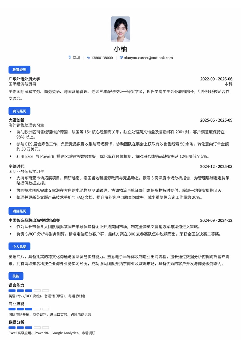 海外销售/国际业务工程师简历模板(电子半导体/互联网/制造业校招)简历模板预览