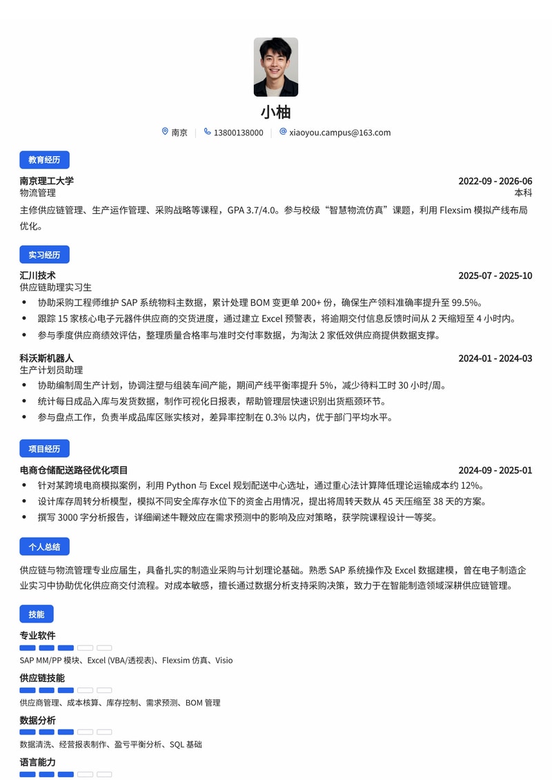 供应链/采购工程师校招简历模板(制造业/电子半导体/电商)简历模板预览