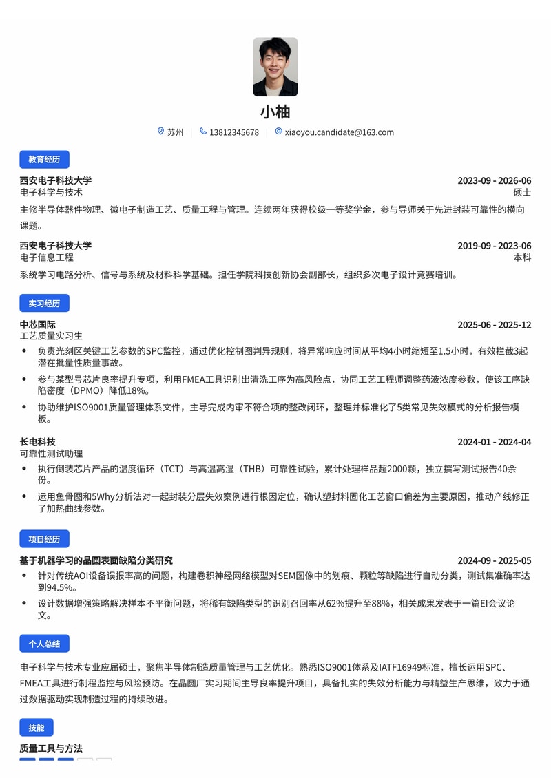 质量管理/工艺工程师简历模板(制造业/电子半导体校招)简历模板预览