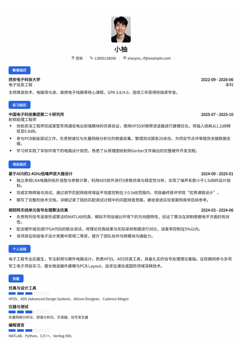 射频/硬件工程师简历模板（通信/军工/电子校招）简历模板预览