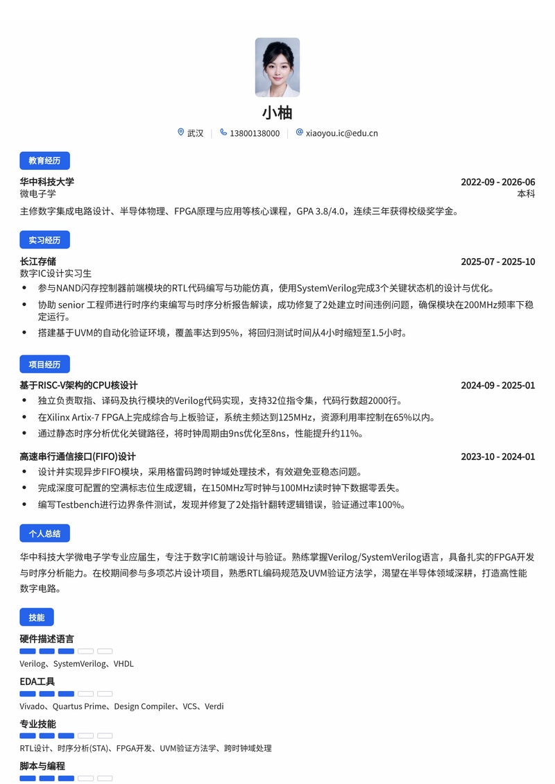 数字 IC 设计工程师简历模板（电子/半导体校招）简历模板预览