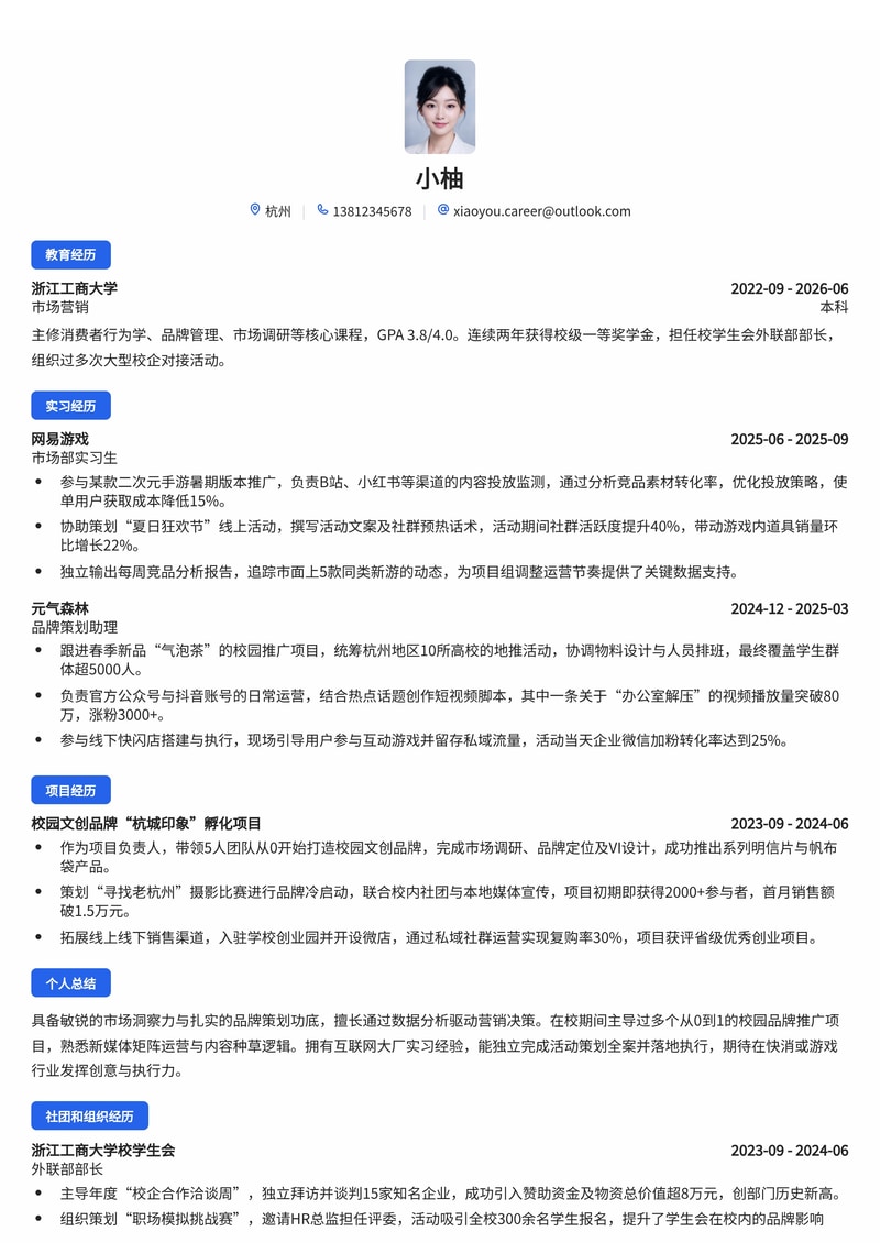 市场营销/品牌策划校招简历模板（互联网/游戏/快消）简历模板预览