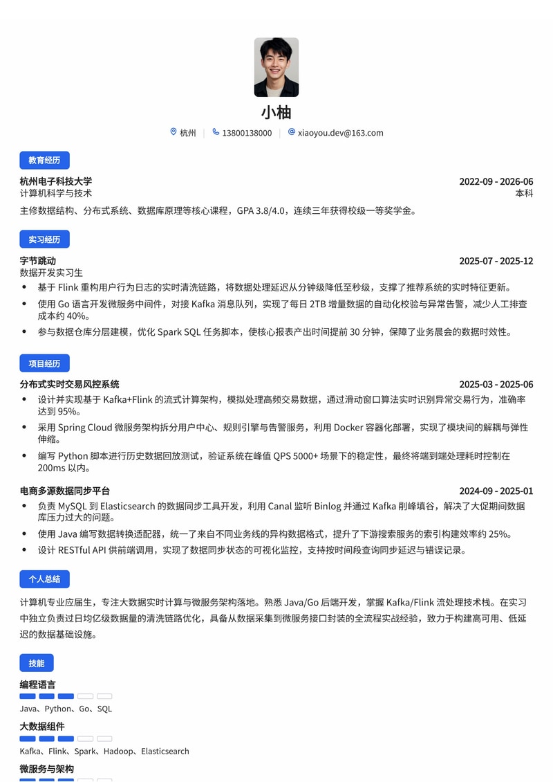 数据开发工程师简历模板（互联网/大数据校招）简历模板预览