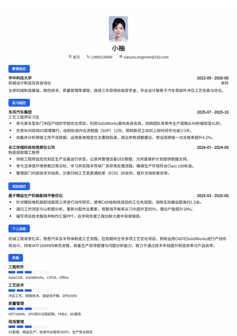 工艺/制造工程师校招简历模板（汽车/半导体行业专用）简历模板预览