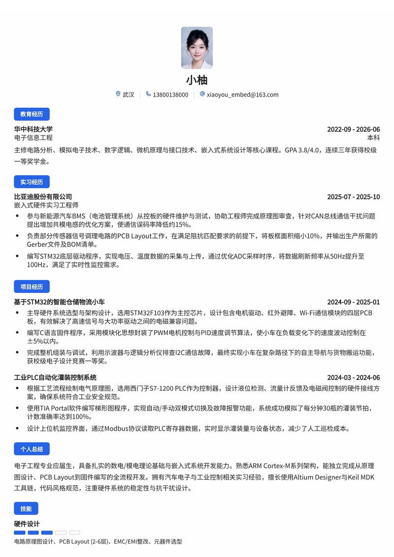 嵌入式/硬件工程师校招简历模板（电子/半导体/汽车/军工）简历模板预览