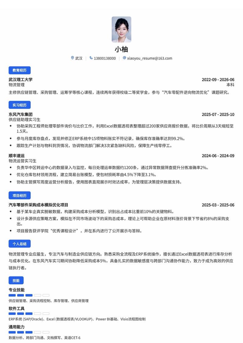 供应链/采购专员简历模板（汽车/物流/制造业校招）简历模板预览