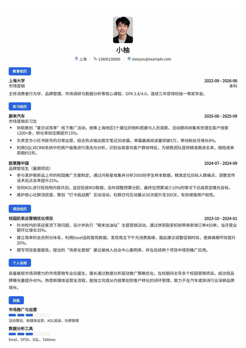 市场营销/管培生简历模板（汽车/金融/快消校招）简历模板预览