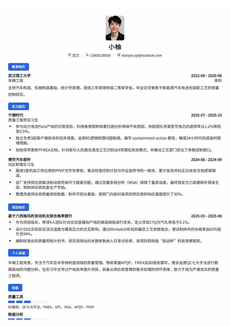 质量管理工程师（CQE/QA）校招简历模板-汽车/制造/半导体简历模板预览