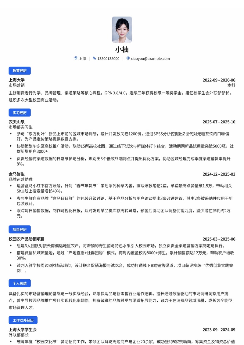 市场营销管培生简历模板（消费品/零售/农业校招）简历模板预览