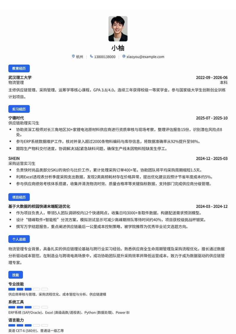 供应链管理/采购工程师校招简历模板（制造业/金融/跨境电商）简历模板预览
