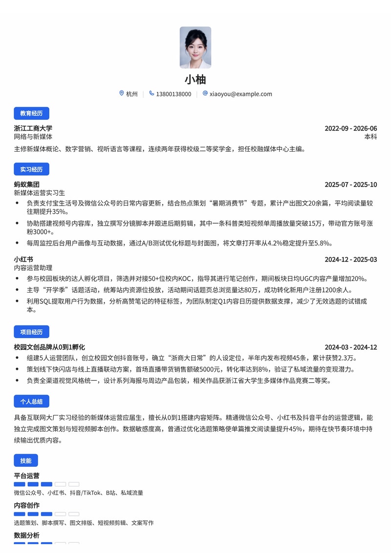 新媒体运营/内容运营简历模板（互联网/金融/传媒校招）简历模板预览