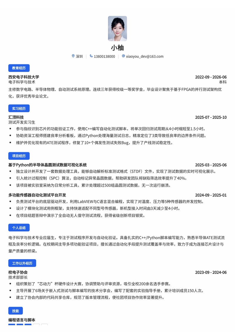 测试开发工程师简历模板（互联网/电子/半导体校招）简历模板预览