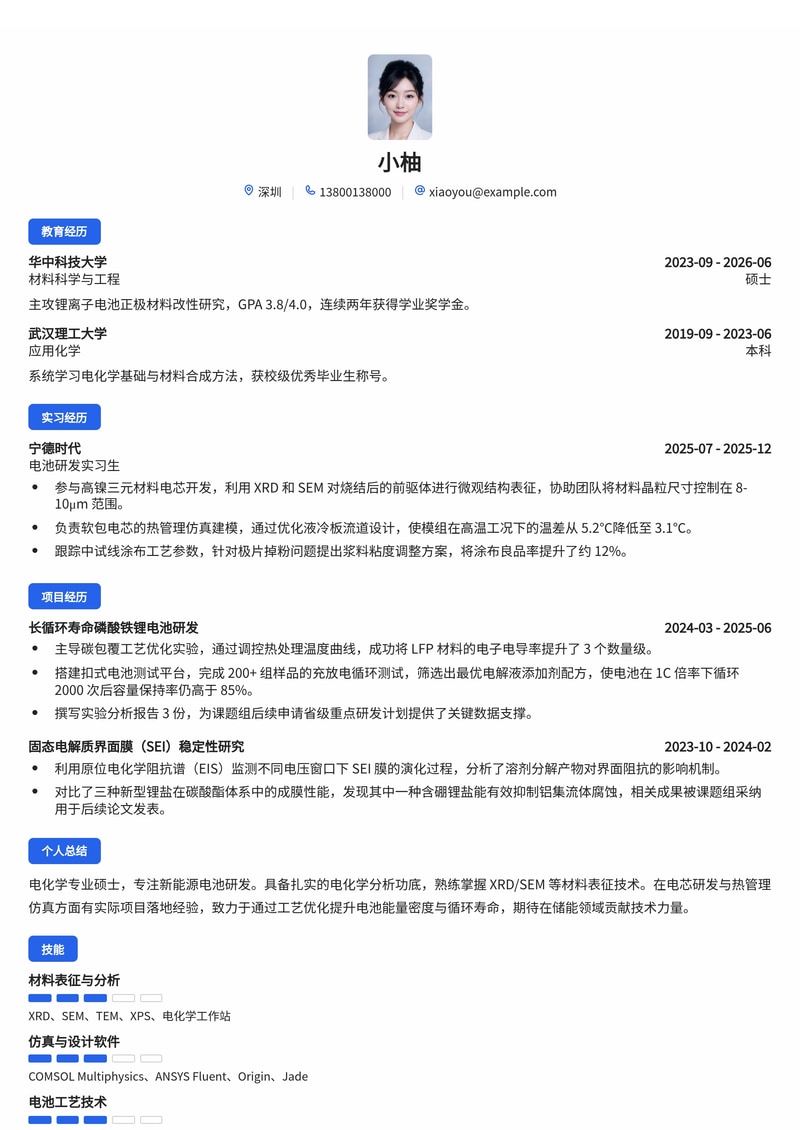 电池研发工程师简历模板(新能源/储能校招)简历模板预览