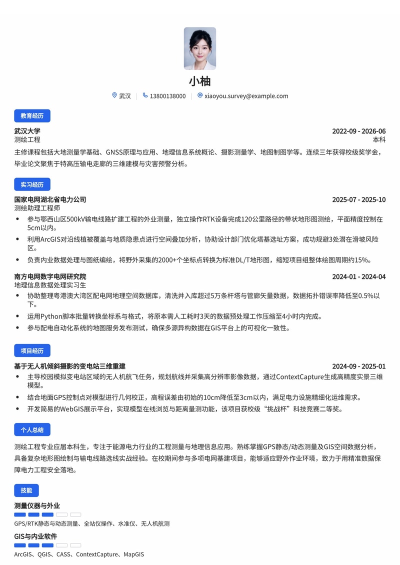 测绘工程师简历模板（能源/电力校招）简历模板预览