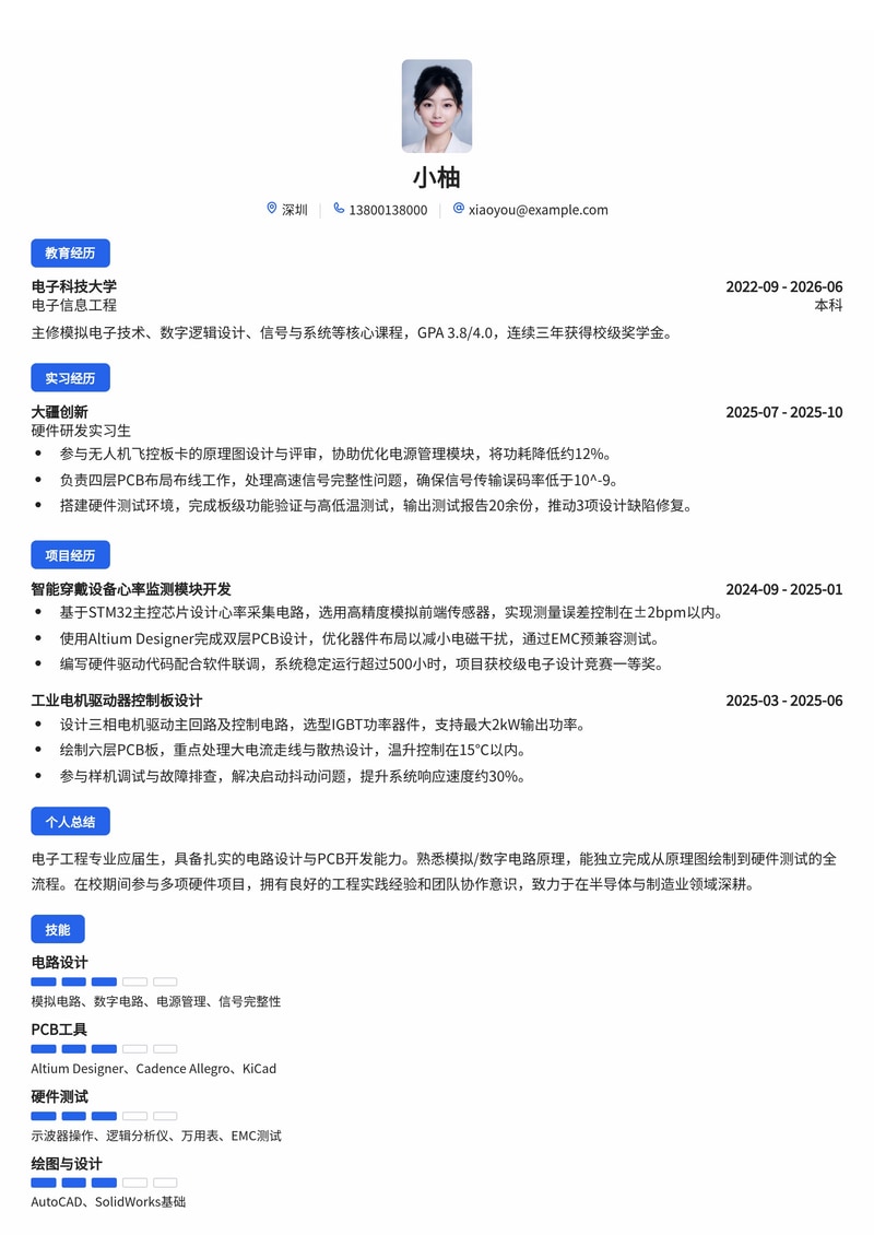 硬件研发工程师简历模板（电子/半导体/制造业校招）简历模板预览